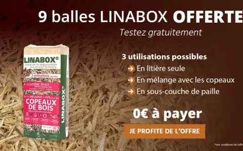 Un sac de litière de lin LINABOX, idéal pour les chevaux. Offre spéciale : 9 balles offertes pour tester cette litière écologique.