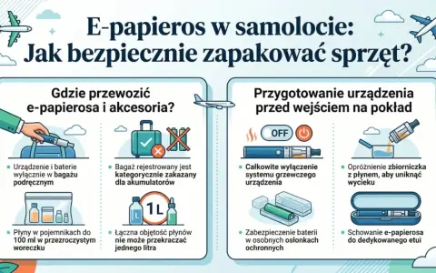 Czy można wziąć e papierosa do samolotu? Tak, ale z zasadami. Urządzenie i płyny do 100 ml w bagażu podręcznym, baterie zabezpieczone.