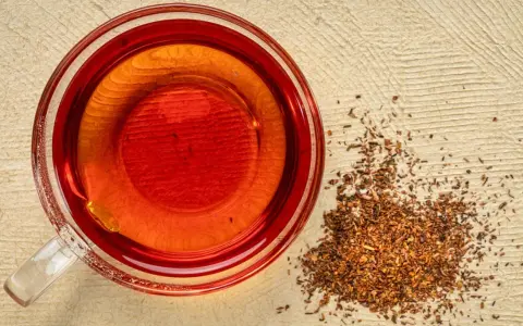 Eine Tasse roter Rooibos Tee neben getrockneten Blättern. Ideal für die Schwangerschaft.