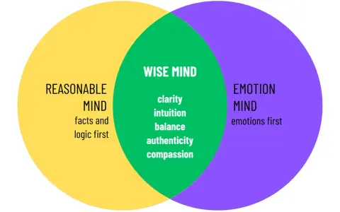 Venn-diagram som visar hur "wise mind" uppstår ur en balans mellan "reasonable mind" (logik) och "emotion mind" (känslor).