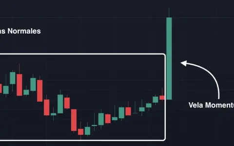Gráfico de velas mostrando "Velas Normales" y una "Vela Momentum" que indica un fuerte impulso en el trading.