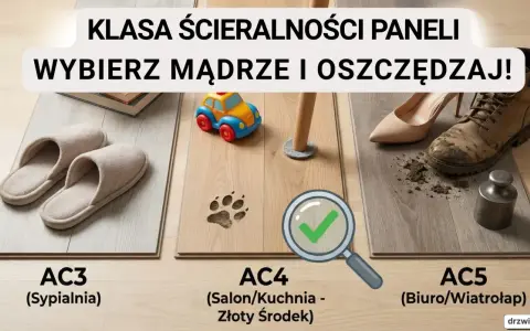 Panele podłogowe: AC3 (sypialnia), AC4 (salon/kuchnia), AC5 (biuro/wiatrołap). Wybierz mądrze klasy ścieralności paneli i oszczędzaj!