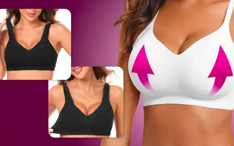 Un reggiseno disegno con pizzo nero, mostrato in due inquadrature, e un reggiseno bianco con frecce rosa che indicano un effetto push-up.