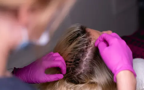 Zabieg karboksyterapii skóry głowy: dłonie w różowych rękawiczkach delikatnie rozdzielają włosy, przygotowując skórę do terapii.