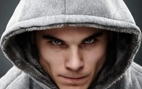 Ostre spojrzenie, mroczna aura. W jego oczach czai się psychopatia, ukryta pod kapturem.