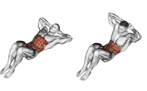 Anatomie d'un homme en mouvement de crunch inversé, montrant les muscles abdominaux saillants.