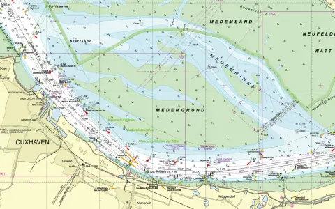 Seekarte der Nordsee und Ostsee mit Cuxhaven, Elbmündung und Wattgebieten. Navigation für Schiffe.