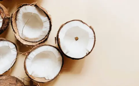 Plusieurs moitiés de noix de coco fraîches, révélant leur chair blanche et crémeuse. Un aperçu des bienfaits de l'huile de coco.