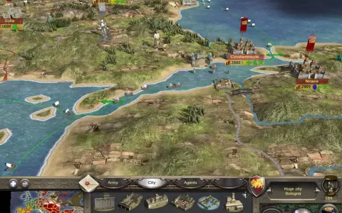 Mapa strategiczna z miastami jak Konstantynopol i Nicaea. Widać floty na morzu i wojska na lądzie. To klasyczne gry strategiczne po polsku.