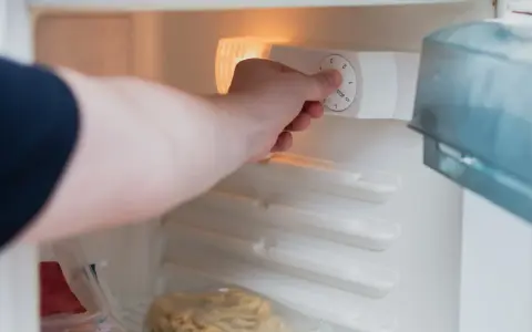 Main tenant ajuste la température pour un congélateur. On voit des aliments congelés.