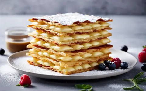 Un déliceux mille-feuille de pommes, garni de crème pâtissière et saupoudré de sucre glace, avec des baies fraîches.