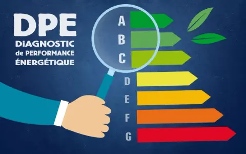 Main d'un locataire en place examinant le DPE, le diagnostic de performance énergétique, avec une échelle de A à G.