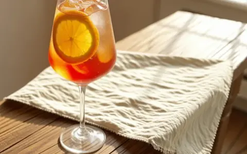 Ein erfrischender Aperol Spritz mit Sekt oder Prosecco, garniert mit einer Orangenscheibe, steht auf einem Holztisch.