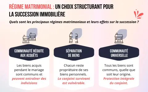 Schéma comparant trois régimes matrimoniaux (communauté réduite aux acquêts, séparation de biens, communauté universelle) et leurs impacts sur la transmission du patrimoine immobilier.