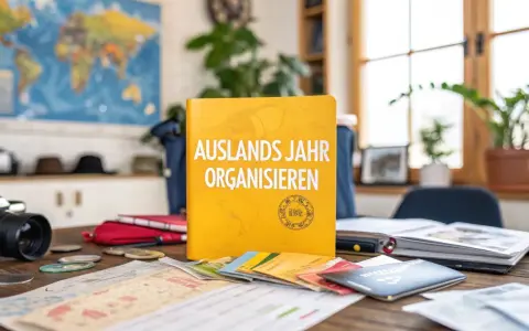 Ein Buch "Auslandsjahr organisieren" liegt auf einem Tisch mit Reisepässen, Karten und einer Kamera. Perfekt für die Planung des nächsten Abenteuers!