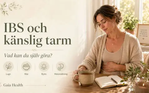 Kvinna med handen på magen, text om IBS och känslig tarm. Fokus på lugn, mat, rytm och matsmältning.
