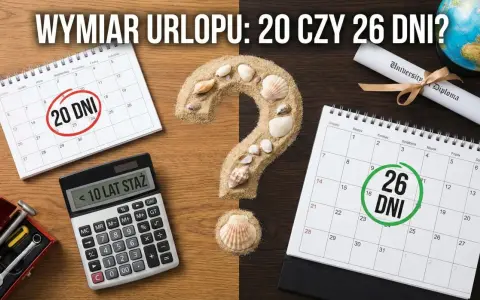 Kalendarz z zaznaczonymi 20 i 26 dniami urlopu, kalkulator stażu pracy i piasek z muszelkami. Czy urlop zależy od stażu?