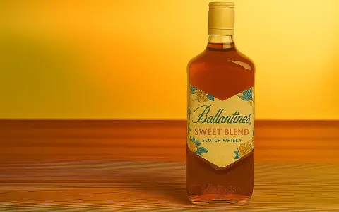 Butelka Ballantines Sweet Blend na drewnianym blacie, w tle ciepłe, żółte światło.
