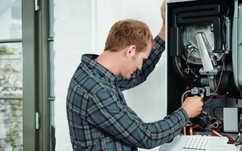 Tecnico che controlla lo scambiatore di calore della caldaia, con cavi e tubi visibili all'interno.