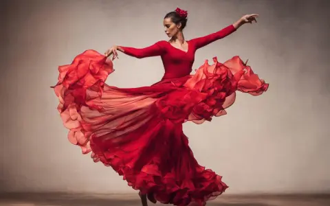 Tancerka w czerwonej sukni wiruje w rytm flamenco, jej strój faluje niczym płomienie.