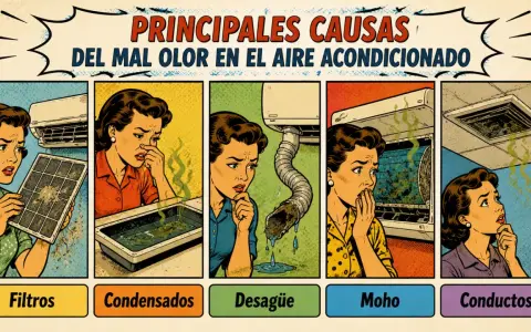 Mujer con cara de asco por el **olor a podrido en casa** debido a filtros sucios, condensados, desagüe, moho y conductos del aire acondicionado.