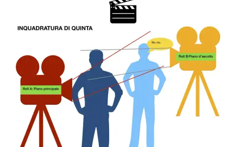 Schema che illustra l'inquadratura di quinta, con due cineprese e figure umane. Termini cinematografici come "piano principale" e "piano d'ascolto" sono evidenziati.