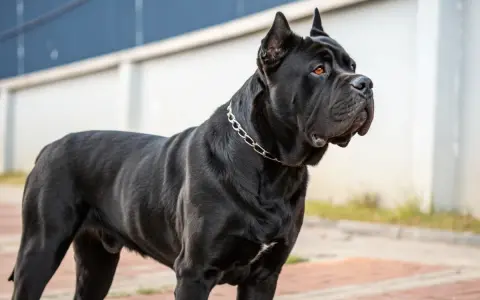 Un Cane Corso noir, musclé, porte une chaîne argentée. Son alimentation est essentielle pour sa puissance.