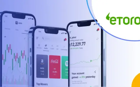 Trzy smartfony pokazują aplikację eToro z wykresami i danymi giełdowymi. Czy eToro jest bezpieczne? Platforma oferuje handel akcjami, kryptowalutami i innymi instrumentami.