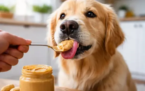 Złoty retriever z językiem wyciągniętym po łyżeczkę masła orzechowego. Czy pies może jeść masło orzechowe? Tak, ale z umiarem!