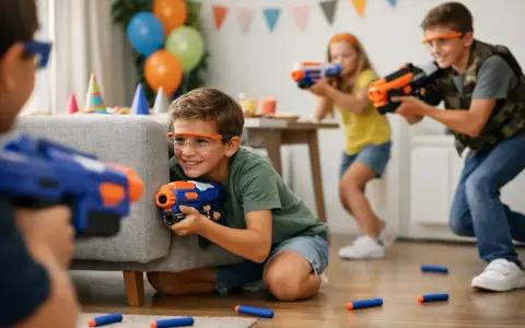 Barn med skyddsglasögon och leksakspistoler gömmer sig bakom en soffa, redo för små uppdrag till barn. Ballonger och girlanger i bakgrunden.