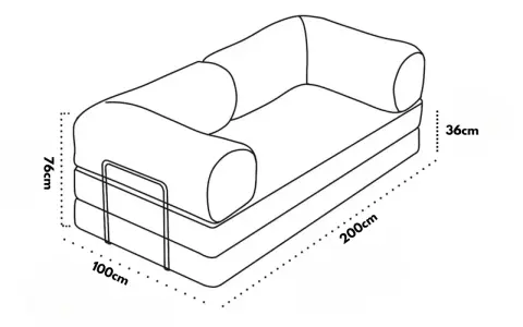 Divano letto con dimensioni indicate: altezza 76cm, larghezza 200cm, profondità seduta 100cm e altezza seduta 36cm.