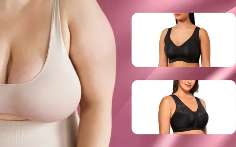 Primo piano di una donna con grande tette in un reggiseno color carne. A destra, due reggiseni neri indossati da modelle.