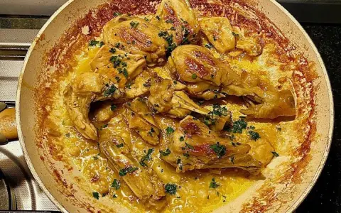 Succulento pollo alla marengo in padella, con erbe aromatiche fresche e una ricca salsa dorata.