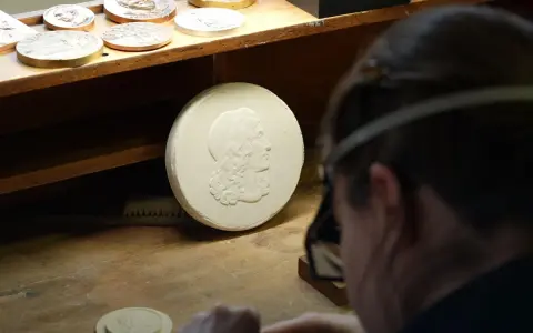 Un graveur métier travaille sur un moule en plâtre orné d'un profil antique. D'autres médailles sont visibles sur l'établi.