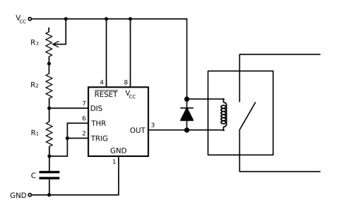 Schéma d'un variateur de puissance pour résistance chauffante utilisant un circuit intégré, un condensateur, des résistances et un relais.