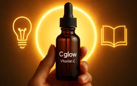 En hand håller en flaska Cglow Vitamin C. En glödlampa och en öppen bok lyser upp bakgrunden. Perfekt för att lära sig om att dricka askorbinsyra.