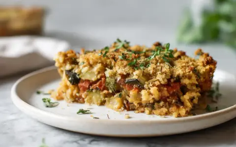 Tranche de crumble de légumes, dorée et croustillante, garnie de thym frais. Un délice végétarien réconfortant.