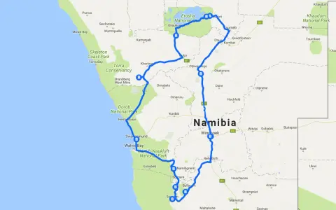 Trasa wycieczki do Namibii: od wybrzeża przez parki narodowe Etosza i Dorob, aż po pustynne tereny.