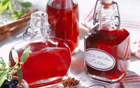 Flaschen mit rotem Schlehenlikör, inspiriert von Schlehen-Rezepten. Daneben frische Schlehen, Zimt und Sternanis.