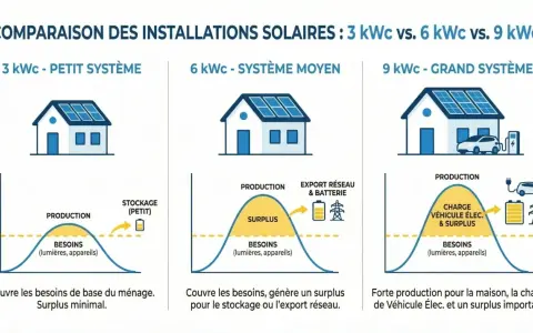 Comparaison de la puissance panneau solaire : 3, 6 et 9 kWc. Le système 9 kWc offre une forte production pour la maison, la recharge de véhicule électrique et un surplus important.