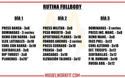 Rutina fullbody con tabla de ejercicios para gimnasio, dividida en tres días con diferentes rutinas de fuerza y resistencia.