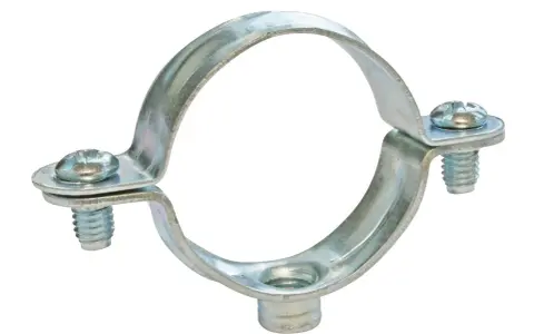 Collier tube métallique argenté, avec deux vis, prêt à fixer un tuyau.