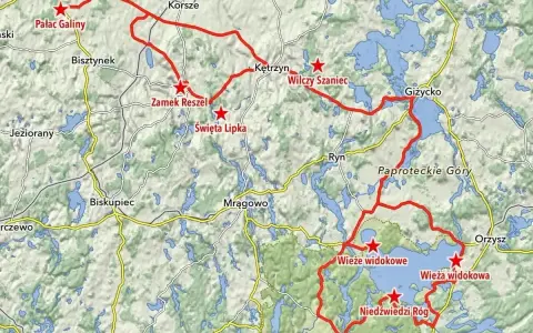 Trasa motocyklem przez Mazury: Pałac Galiny, Zamek Reszel, Święta Lipka, Wilczy Szaniec, Giżycko, Wieże widokowe.