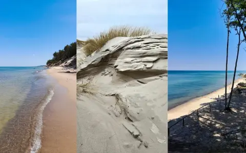 Trzy ujęcia dzikich plaż nad Bałtykiem: piaszczyste wydmy, spokojne morze i lasy porastające klify.