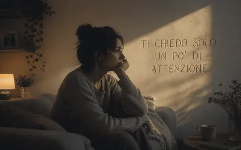 Donna pensierosa sul divano, illuminata da un raggio di sole. Le parole "Ti chiedo solo un po' di attenzione" sembrano un grido silenzioso contro il narcisista che non ascolta.