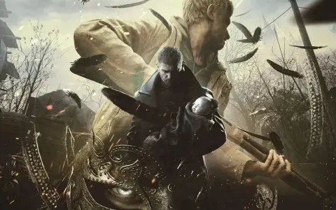 Chris Redfield z dzieckiem, w tle tajemnicza maska i ptaki. Sprawdź Resident Evil Village wymagania, by zagrać!