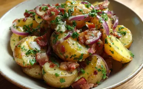 En skål med tysk potatissallad, full av potatis, rödlök, knaperstekt bacon och färsk persilja.