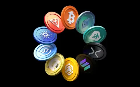 Krąg monet z logo Bitcoin, Ethereum, Cardano i innymi symbolami kryptowalut. Wartość tych aktywów może budzić FUD, ale ich popularność rośnie.