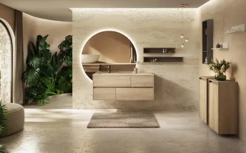 Une salle de bain moderne avec des plantes luxuriantes, un meuble vasque en bois flottant et un miroir rond lumineux. Une belle inspiration salle de bain.