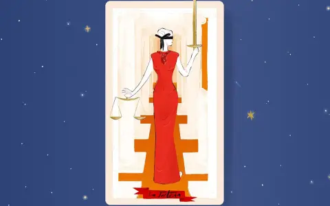 La Justicia, carta 11 del tarot, con venda en los ojos, sostiene una balanza y una espada.